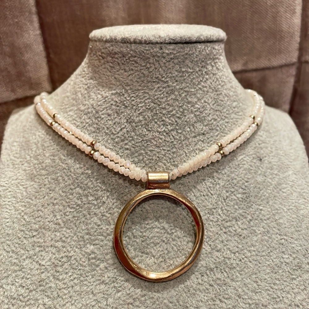 Dainty Rose Quartz Gold Keyhole Necklace Gold Balls Chain 26-28” 1 1/4” circle